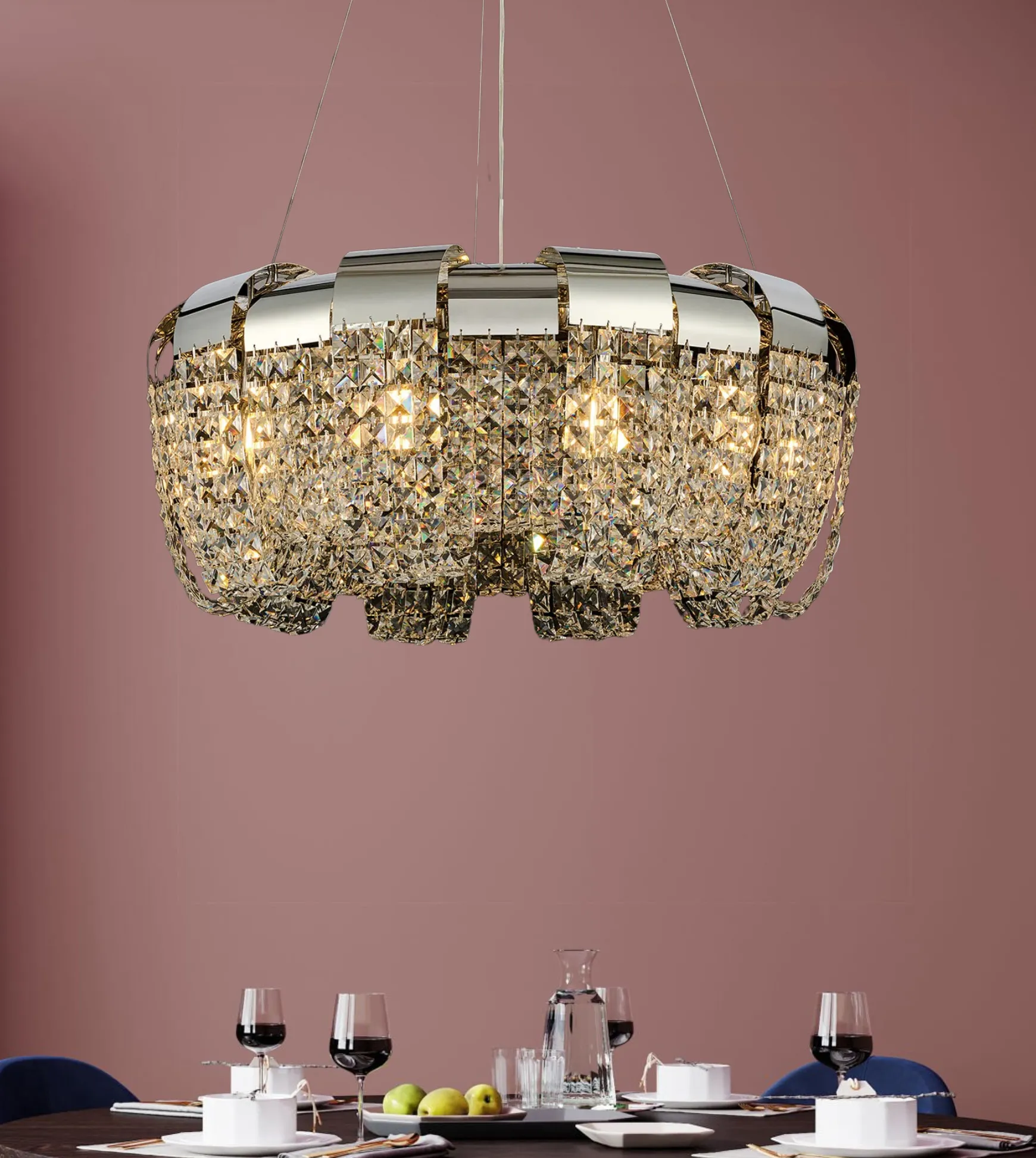 Kalani Polished Nickel Crystal Ceiling Lights Diyas Ringed & Square Crystal Fittings